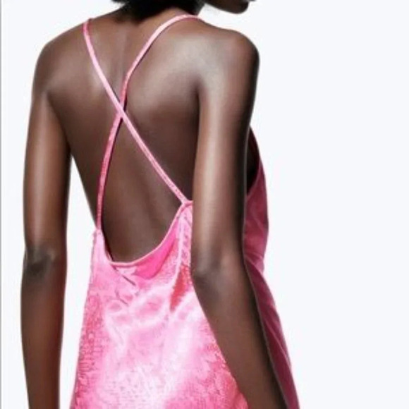 Zara  Jacquard Animal Detail Slip Mini Dress Hot Pink Sz Small NWT - Picture 6 of 12